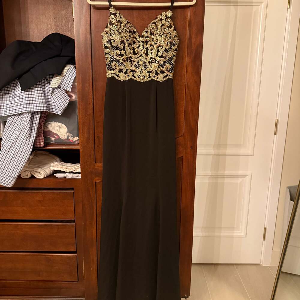 JVN by Jovani Gold Embroidered Lace Applique Prom Gown